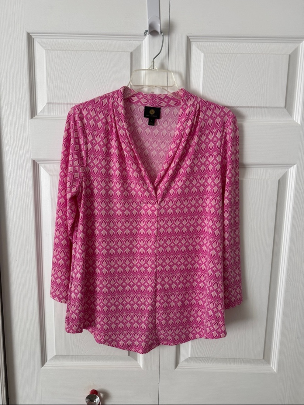 JM Collection Pink Geometric V-Neck 3/4 Sleeve Blouse small